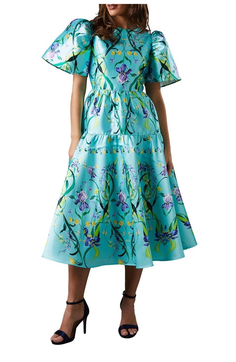 Coast Twill Puff Sleeve Printed Midi Dress, Alternate, color, Green