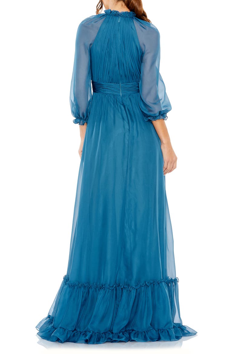 Sheer Sleeve Gathered Chiffon A-Line Gown, Alternate, color, OCEAN BLUE
