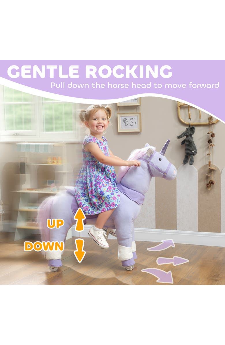 Qaba Ride on Unicorn Toy for Kids Plush Baby Rocking Horse Mechanical Walking Animal with Wheels No Batteries Required, Alternate, color, Blue