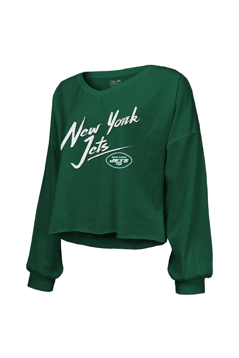 Women's Majestic Threads Sauce Gardner Green New York Jets Name & Number Off-Shoulder Script Cropped Long Sleeve V-Neck T-Shirt, Alternate, color, Green