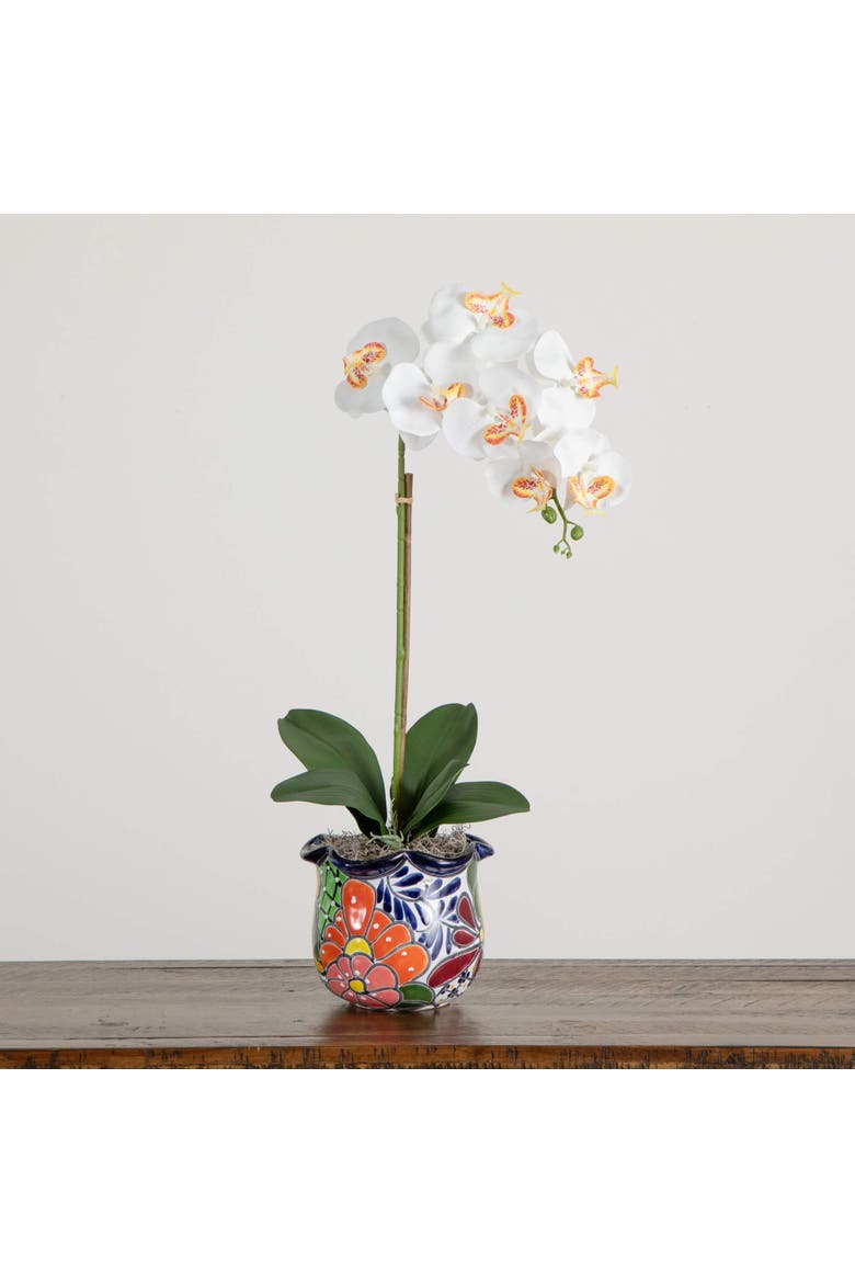 26-in Artificial Orchid Arrangement in Handmade Mexican Talavera Ceramic Planter, Alternate, color, Green