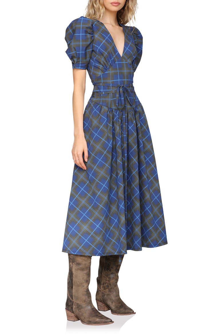 Plaid Puff Sleeve Tie Belt Stretch Cotton Midi Dress, Alternate, color, OLIVE AND BLUE PLAID