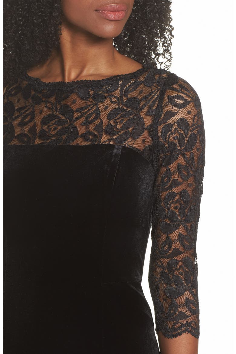 Lace & Velvet Sheath Dress, Alternate, color, BLACK