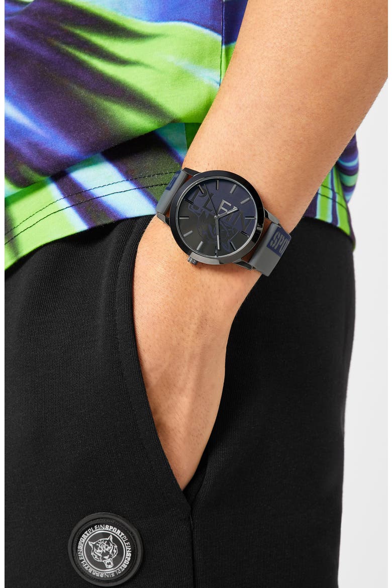 Three-Hand Quartz Silicone Strap Watch, 44mm, Alternate, color, GUN