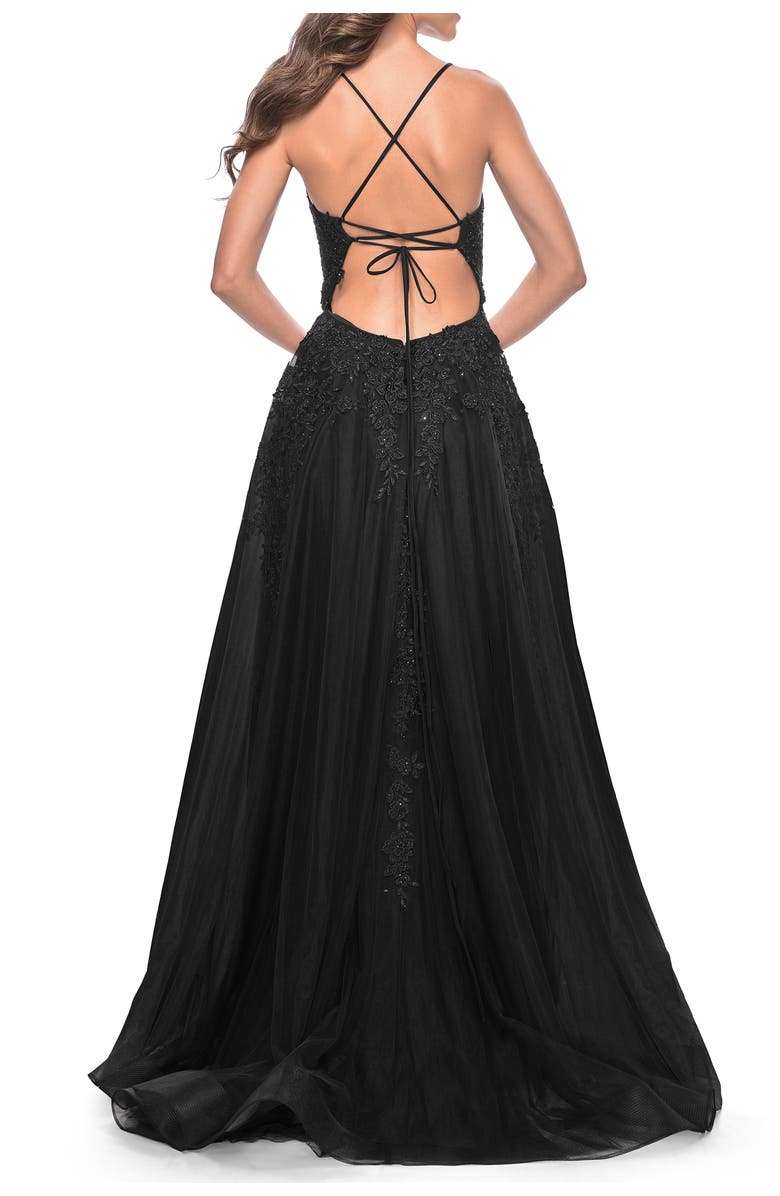 La Femme Tulle Prom Dress with Floral Detail and Side Slit, Alternate, color, Black