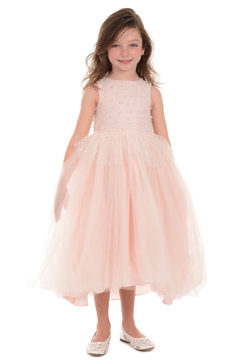 Badgley Mischka Collection Imitation Pearl Beaded Peplum Dress, Alternate, color, 