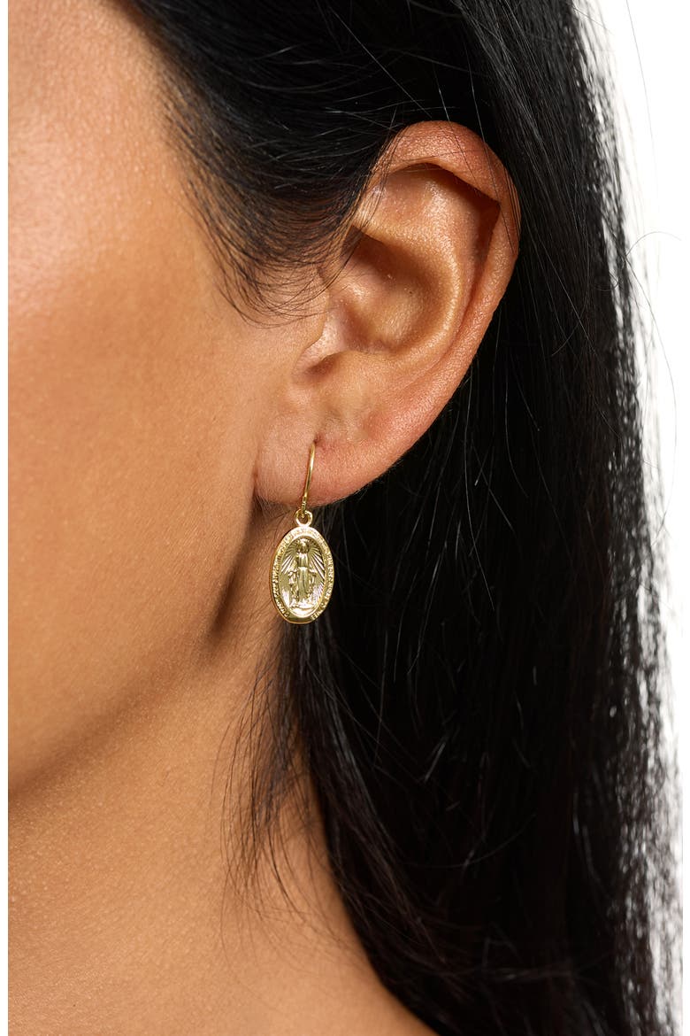 Virgin Mary Medallion Drop Earrings, Alternate, color, GOLD