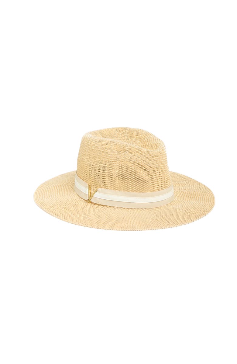 Vince Camuto Grosgrain Faux Leather Band Panama Hat, Main, color, Natural