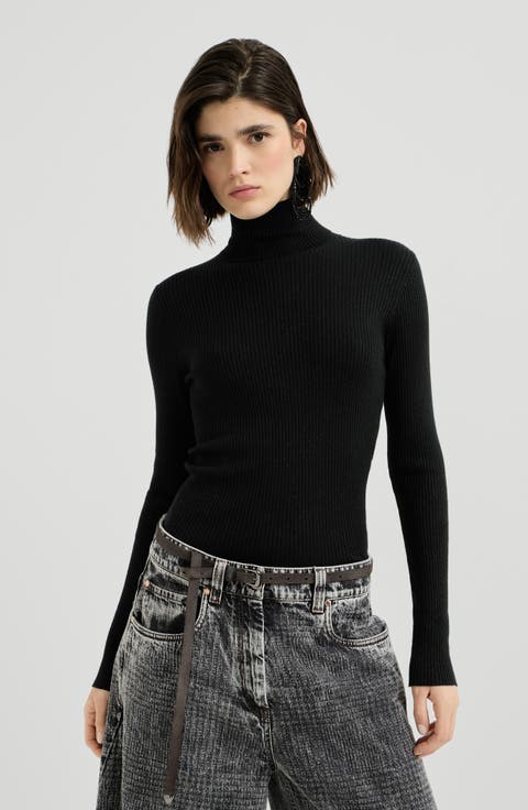 Lightweight turtleneck sweater in sparkling cashmere and silk rib knit