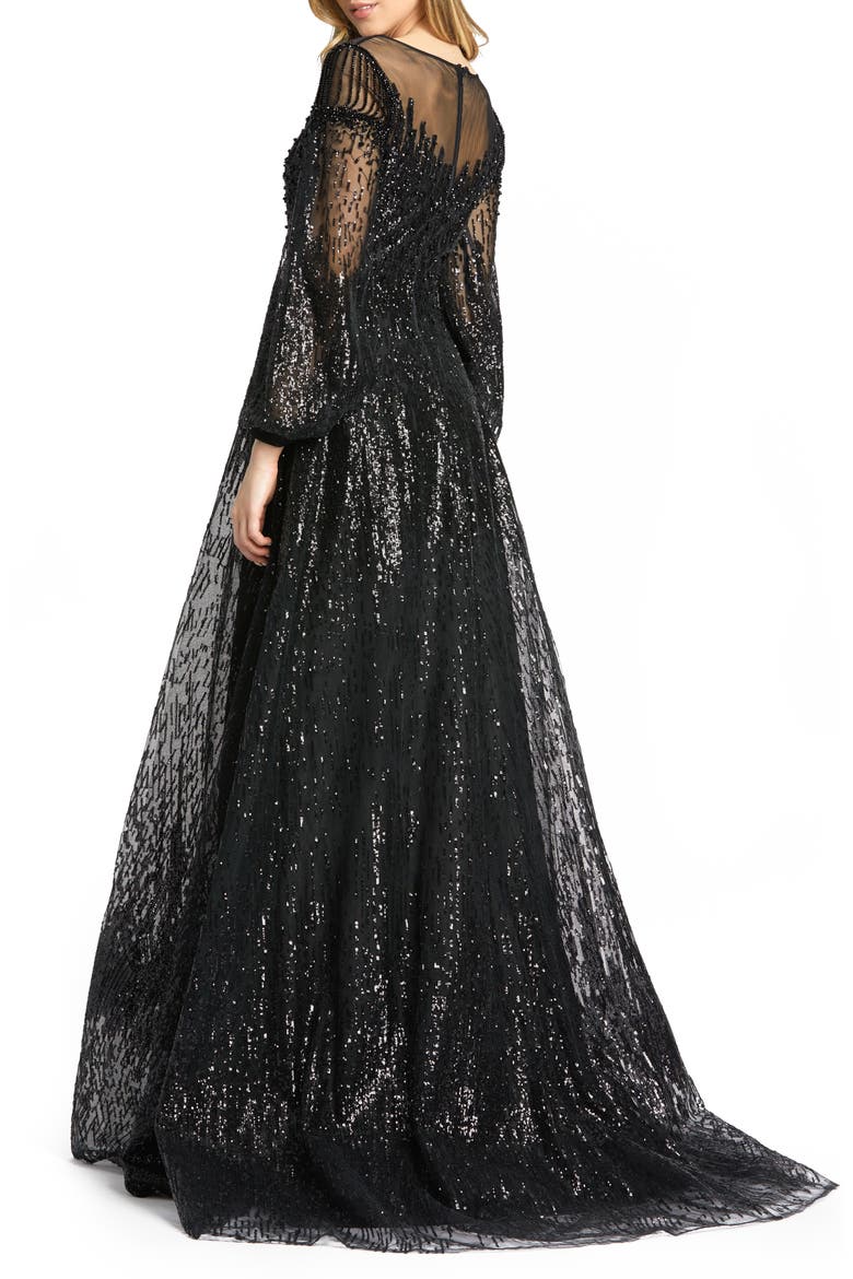 Jewel Encrusted Illusion Long Sleeve A Line Gown, Alternate, color, BLACK