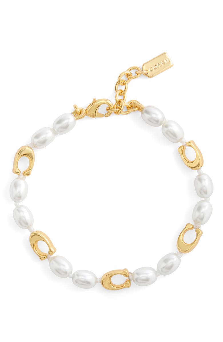 COACH Faux Pearl Logo Charm Bracelet, Alternate, color,