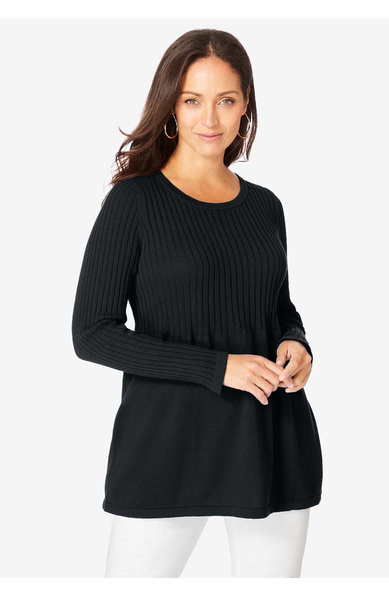 Jessica London Ribbed Baby Doll Tunic Sweater, Alternate, color, Black