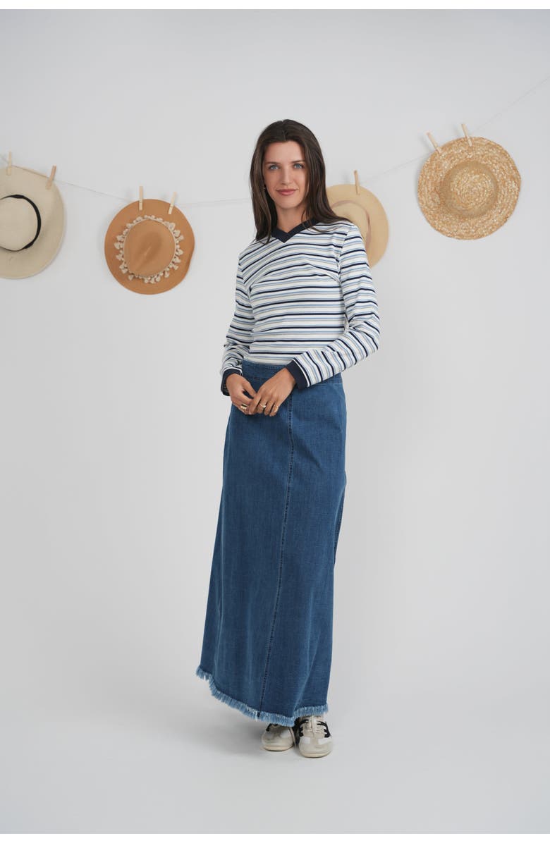Positive Striped Overlap V-Neck Contrast Cuff Top, Alternate, color, Dark Denim