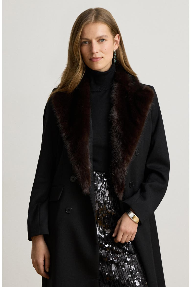 Faux Fur Trim Double Breasted Crepe Coat, Alternate, color, BLACK