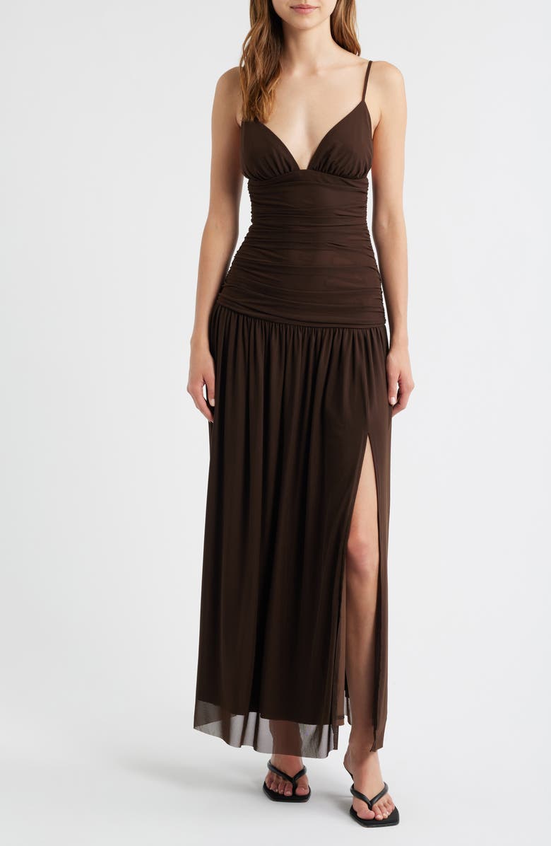 Rare London Ruched Drop Waist Sleeveless Gown, Main, color, Brown