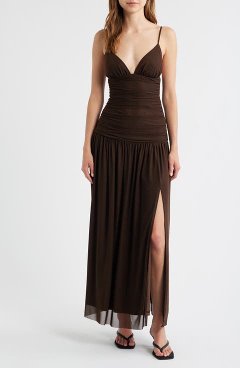 Ruched Drop Waist Sleeveless Gown