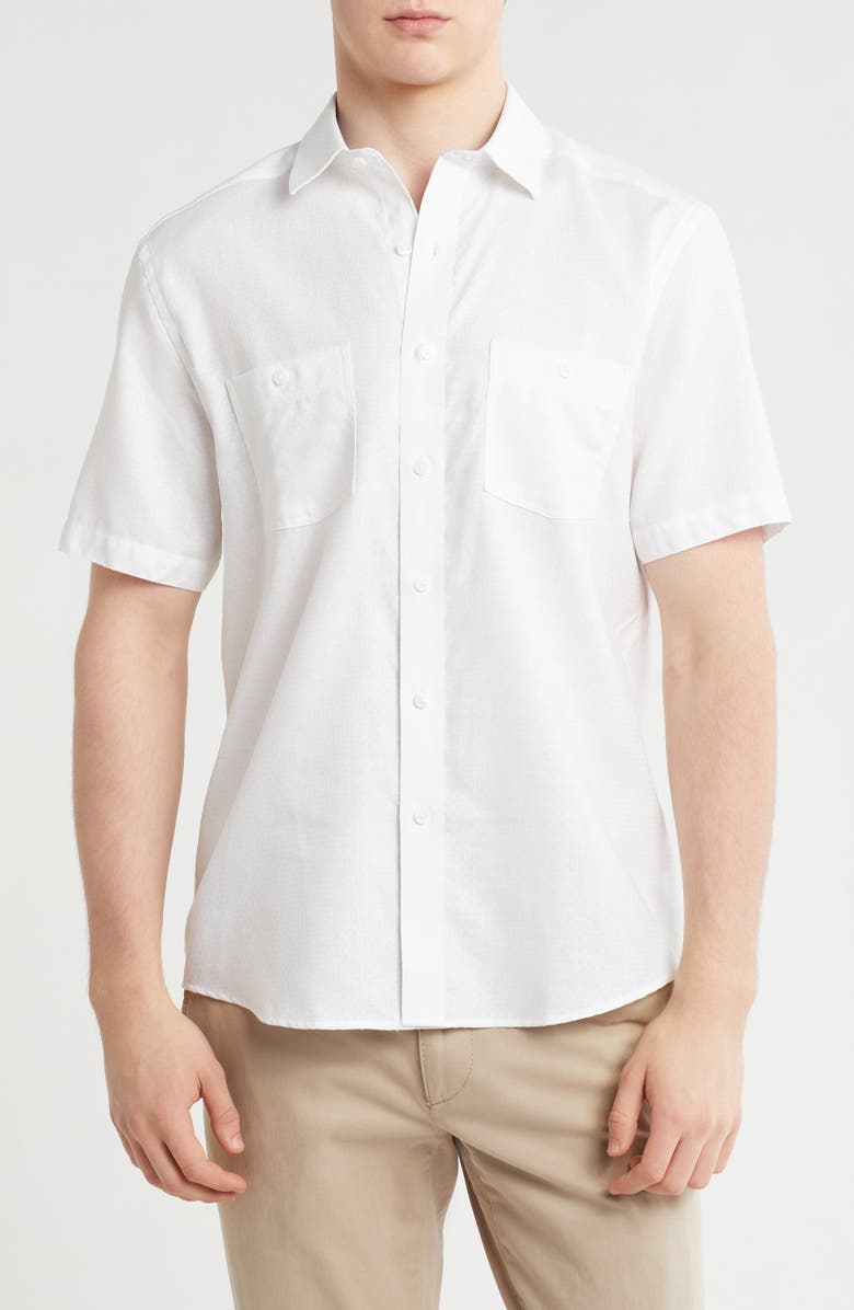 Johnston & Murphy Cotton & Linen Short Sleeve Button-Up Shirt, Main, color, White