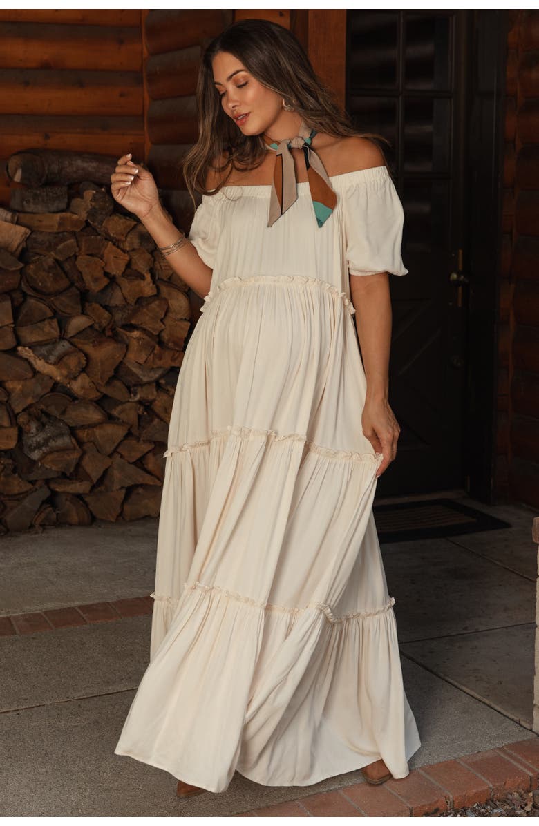 PinkBlush Off Shoulder Ruffle Tiered Maxi Dress, Main, color, Cream