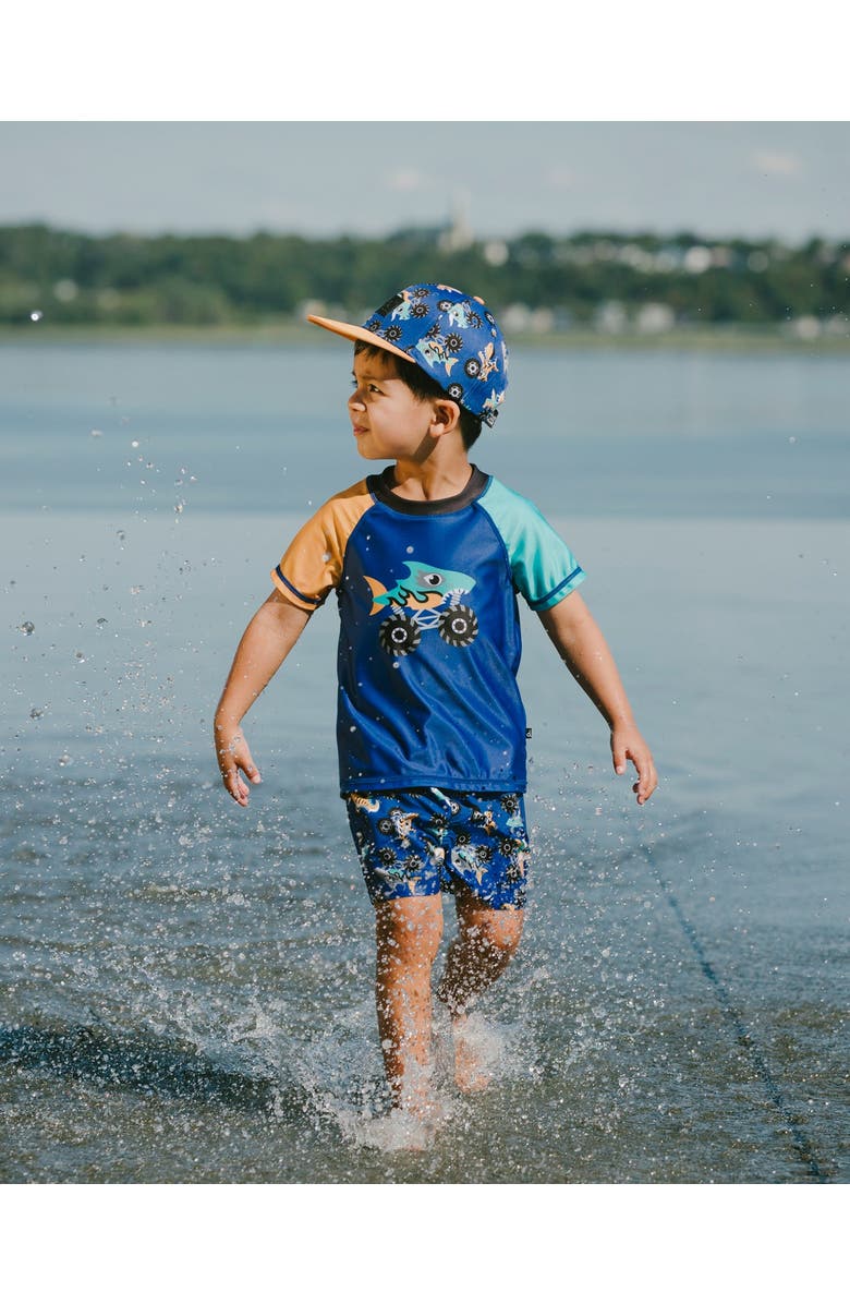 Deux par Deux Mid Thigh Elastic Waist Truck Boardshorts, Alternate, color, Blue Printed Trucks