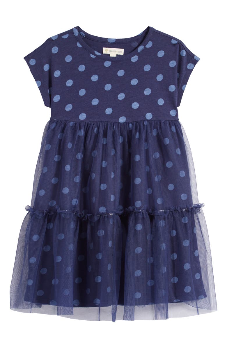 Tucker + Tate Kids
 Tiered Mesh Skirt Cotton Dress, Main, color, Navy Peacoat Dot