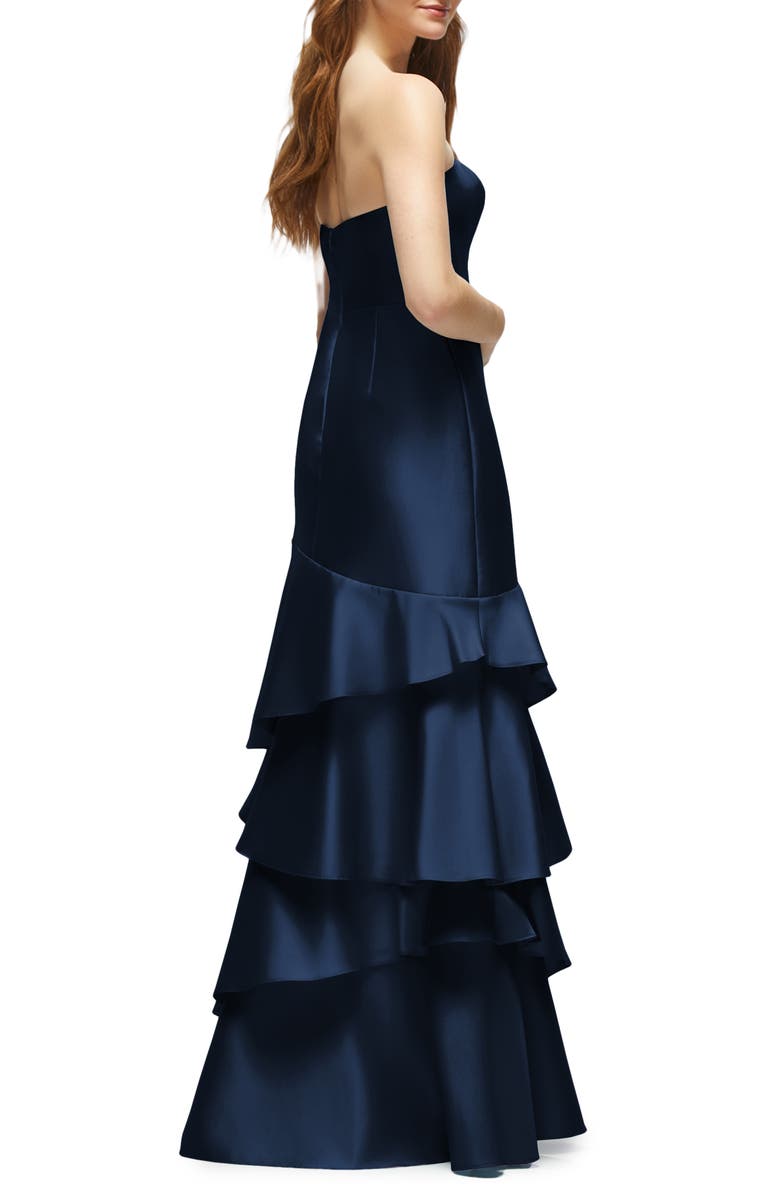 Dessy Collection Ruffle Strapless Tiered Satin Twill Gown, Alternate, color, Midnight