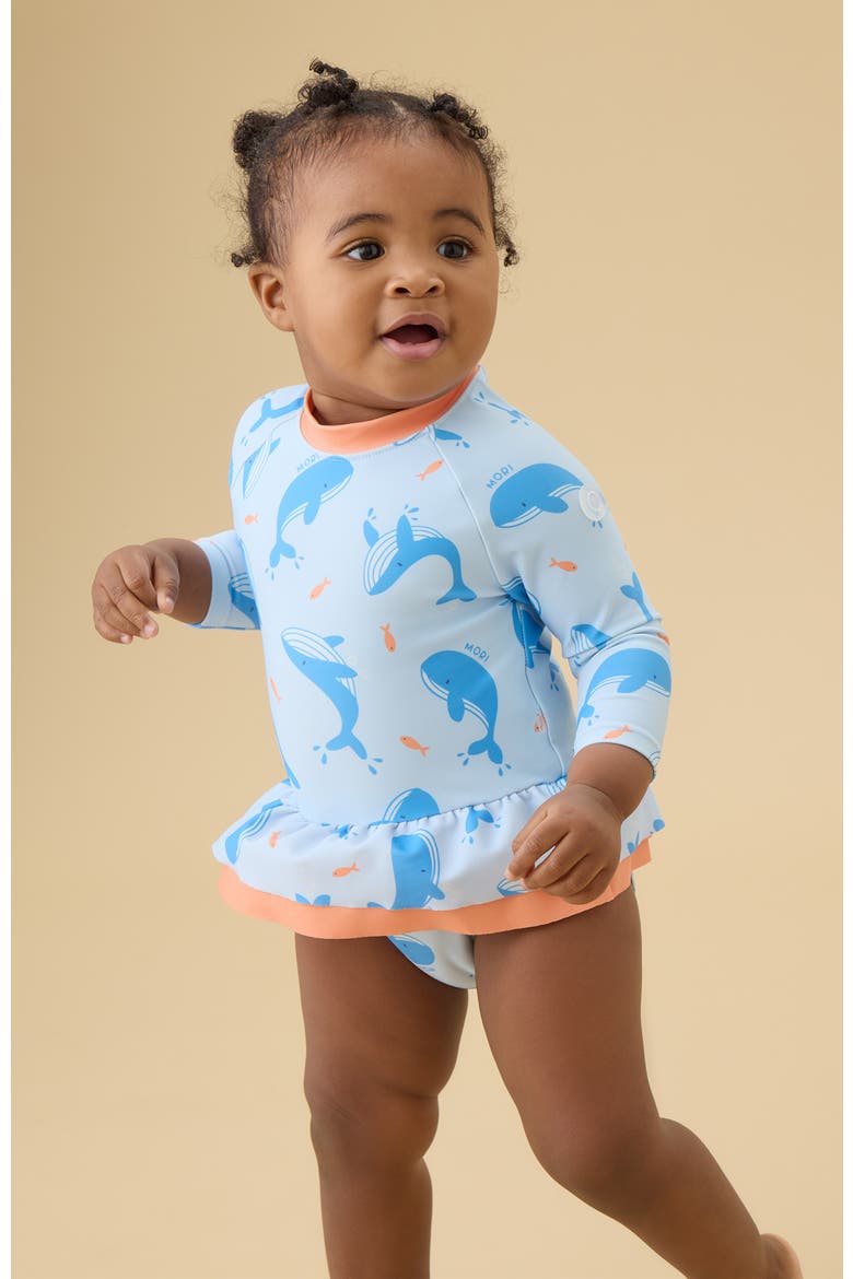 Frill Long Sleeve Swimsuit, Alternate, color, Blue Whale Print
