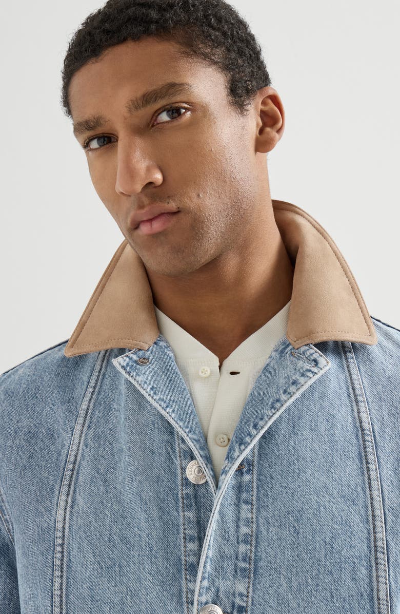 Brunello Cucinelli Denim outerwear jacket with suede collar, Alternate, color, Light Denim