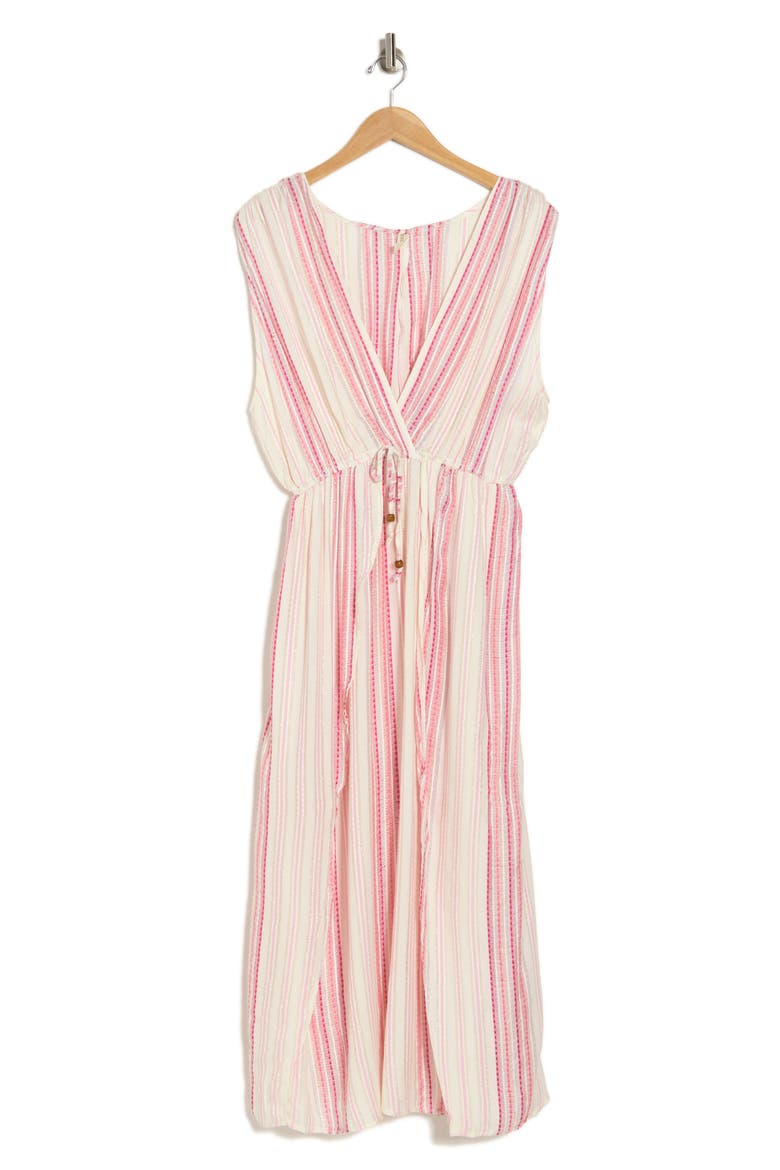 Yarn Dye Front Tie V-Neck Cover-Up Dress, Alternate, color, WHITE/PINK