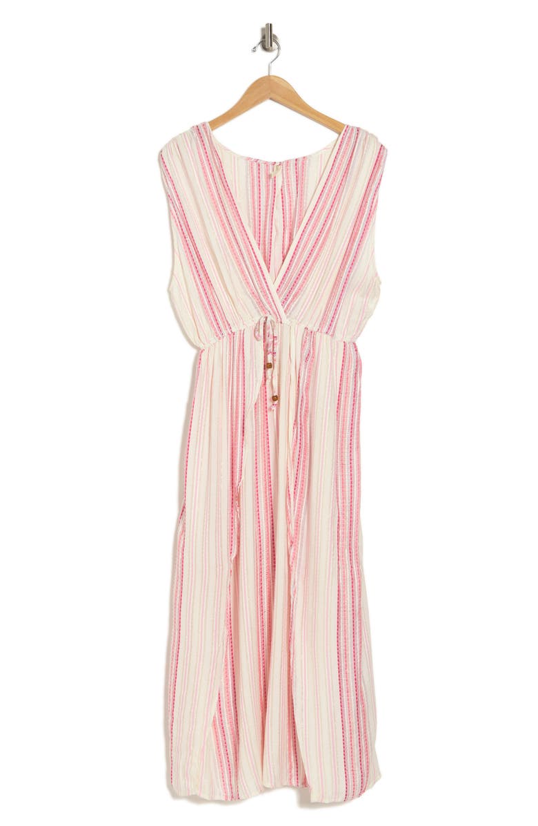 BOHO ME Yarn Dye Front Tie V-Neck Cover-Up Dress, Alternate, color, White/Pink