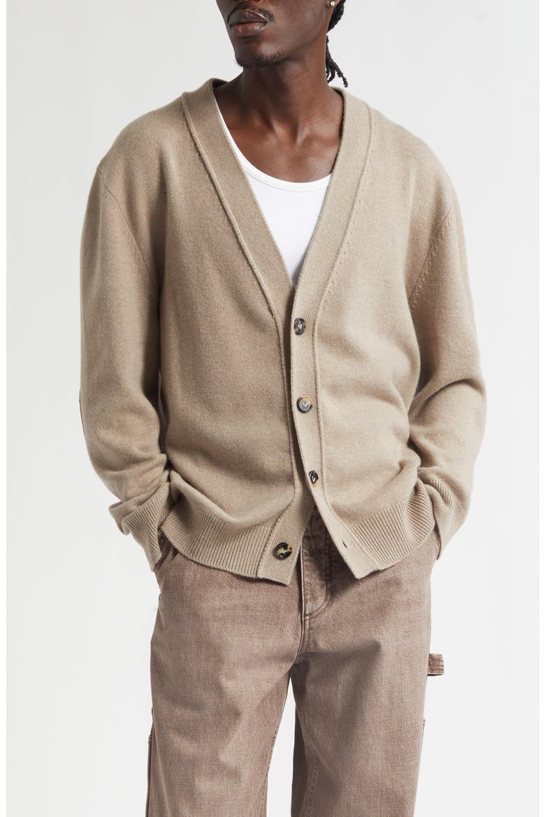 Classic Cashmere Blend V-Neck Cardigan with Intrecciato Leather Elbow Patches, Main, color, 9713 BEIGE