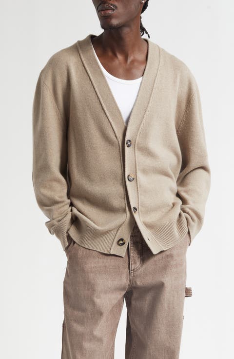 Classic Cashmere Blend V-Neck Cardigan with Intrecciato Leather Elbow Patches