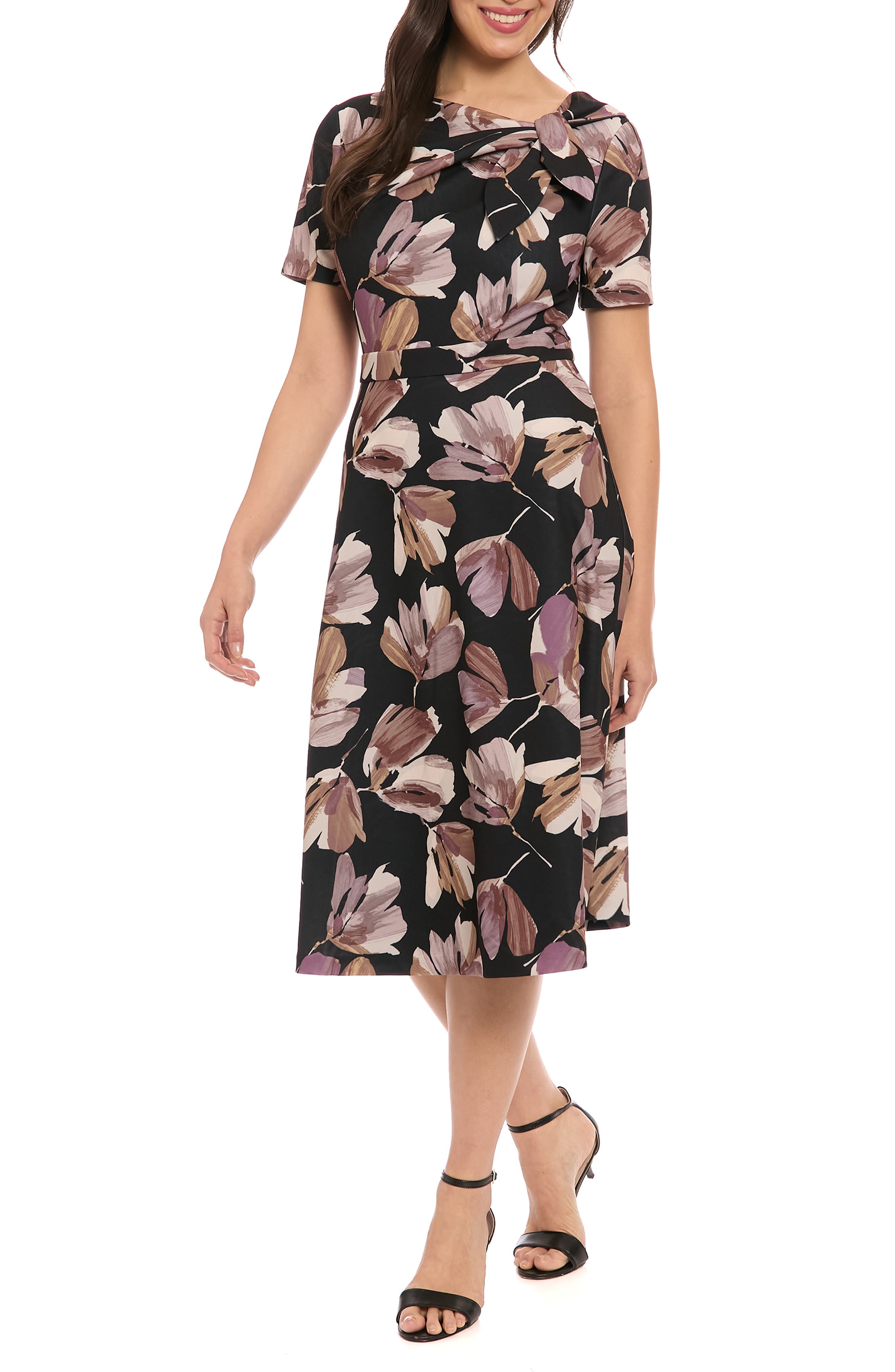 London Times Print Tie Neck Scuba Fit &amp; Flare Dress