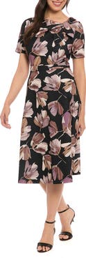 London Times Print Tie Neck Scuba Fit & Flare Dress
