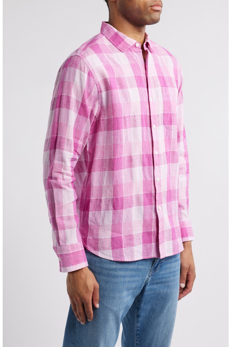 Barbados Breeze Beach Day Check Stretch Linen Button-Up Shirt, Alternate, color, FESTIVAL