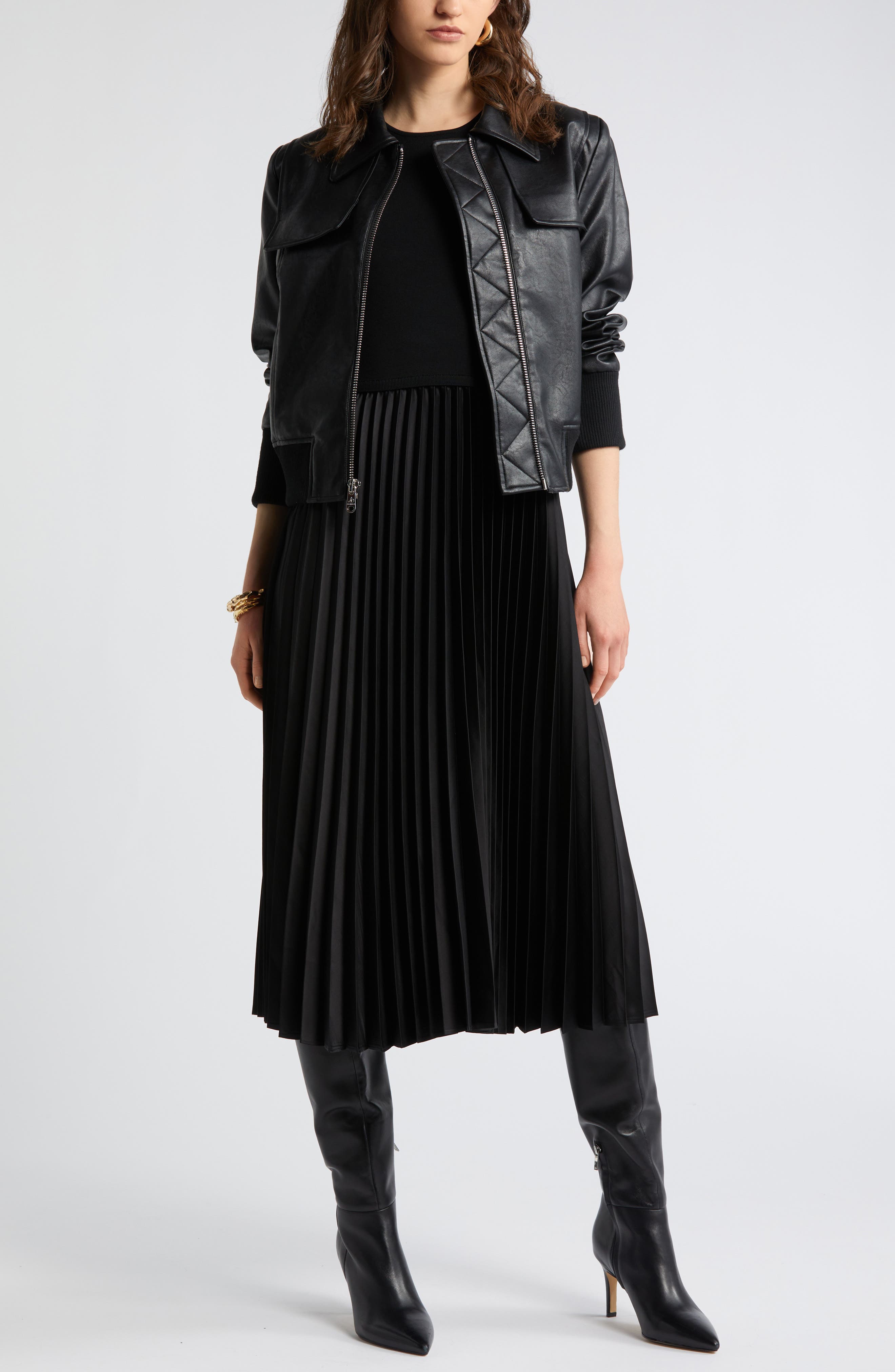 Pleated Mixed Media Midi Dress - image 2