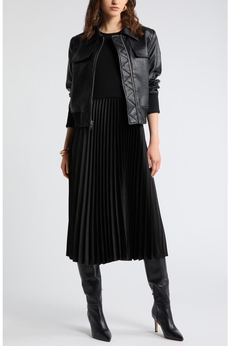 Pleated Mixed Media Midi Dress, Alternate, color, BLACK