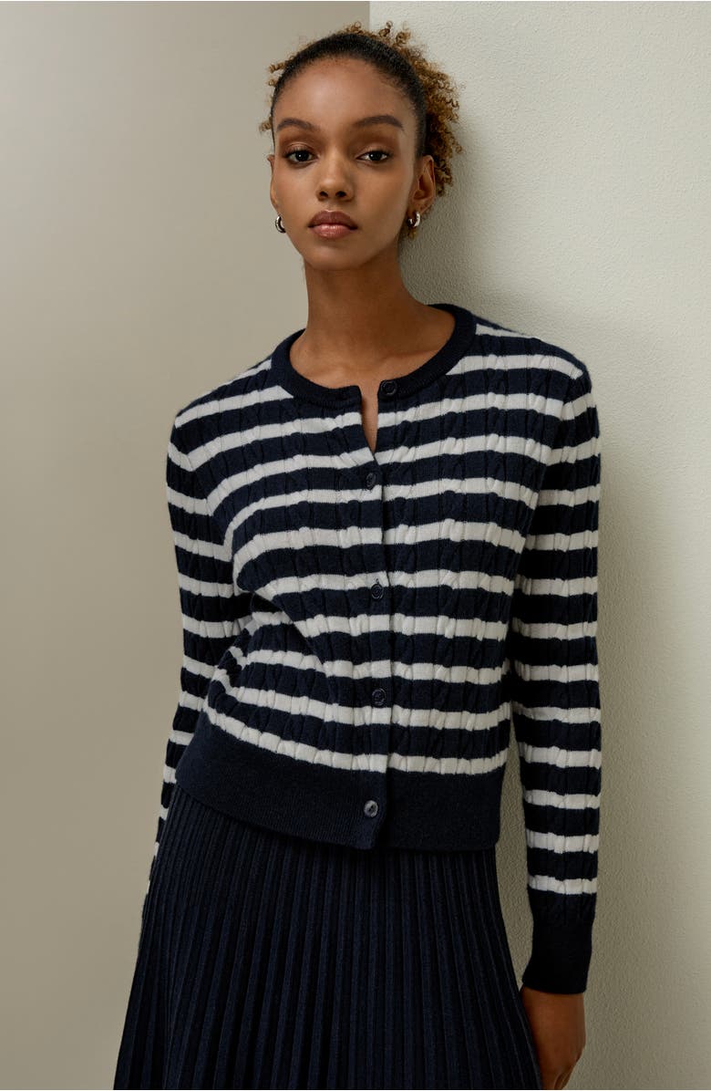 Lilysilk Striped Cable-Knit Cashmere Cardigan, Alternate, color, Blue And White Stripes