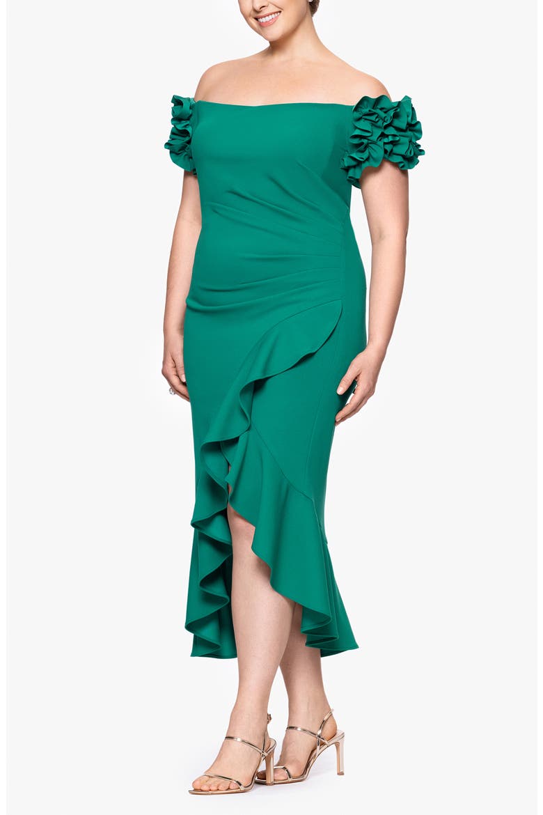 Pleated Ruffle Off the Shoulder Midi Dress, Alternate, color, GREEN