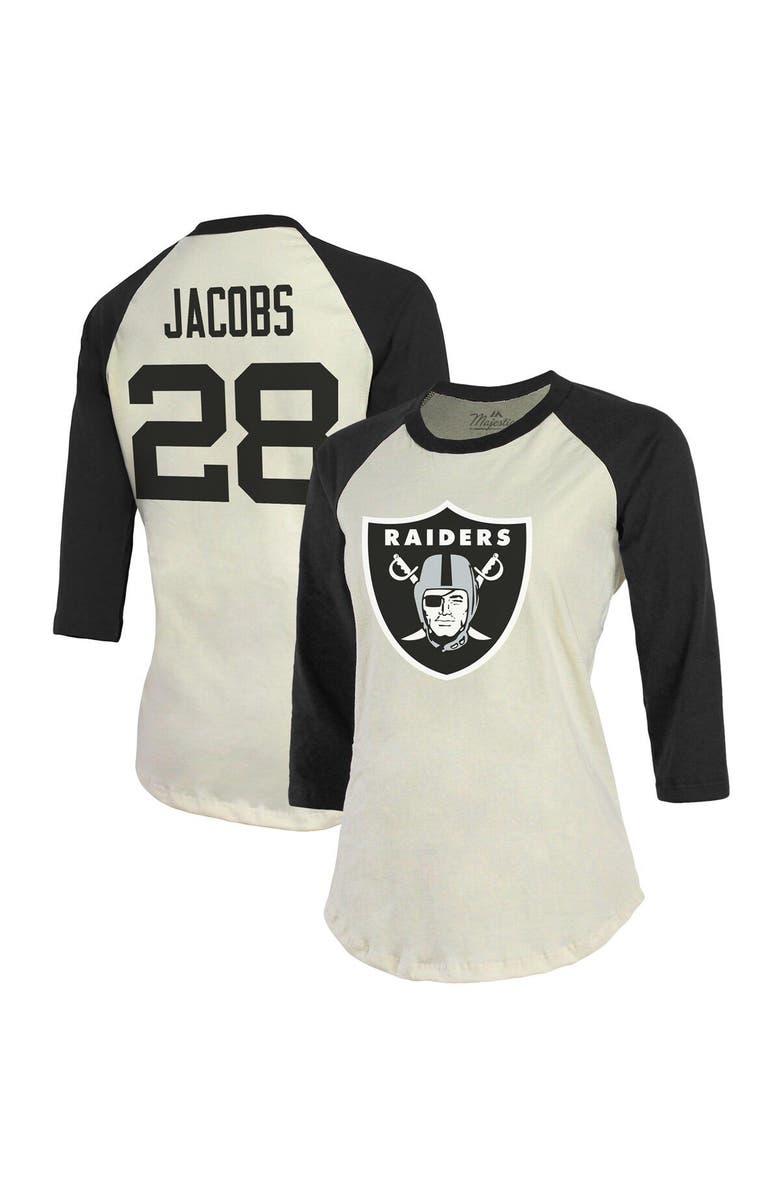 Majestic Threads Women's Fanatics Branded Josh Jacobs Cream/Black Las Vegas Raiders Player Raglan Name & Number 3/4-Sleeve T-Shirt, Alternate, color, 