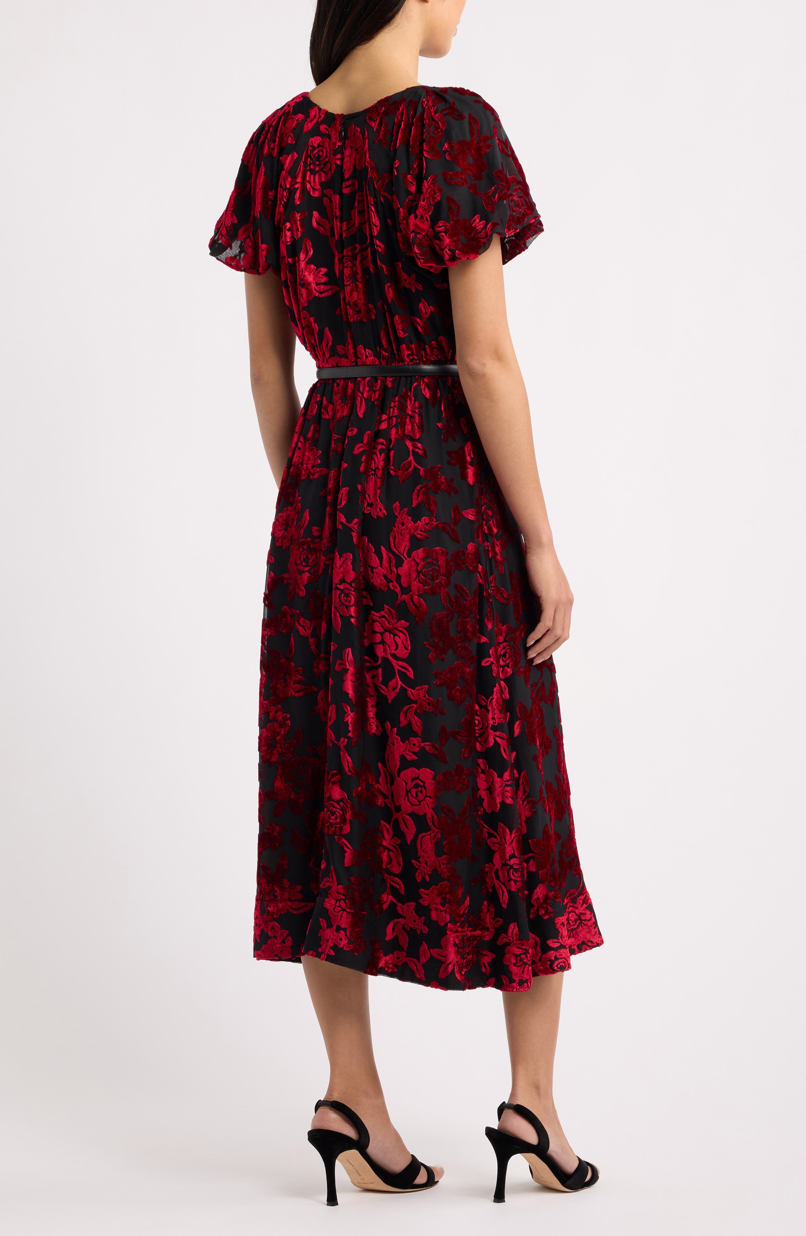 Anne Klein Puff Sleeve Velvet Burnout Midi Dress (Women) | Nordstrom