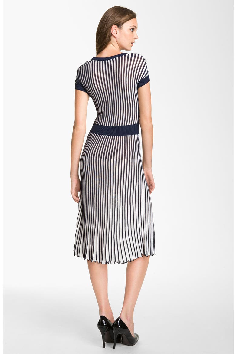 Pleated V-Neck Sweater Dress, Alternate, color, GARDENIA-DARK INK COMBO