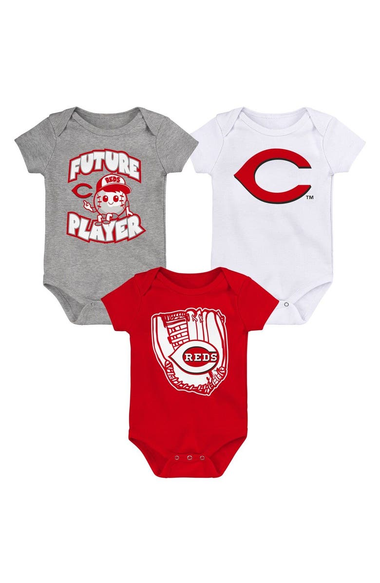 Outerstuff Infant Heather Gray/Red/White Cincinnati Reds Minor League Player Three-Pack Bodysuit Set, Main, color, Heather Gray