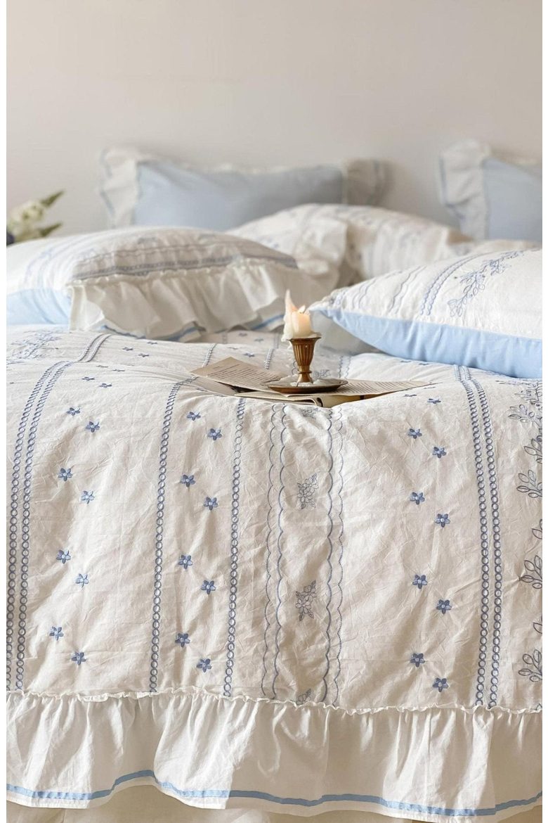 Embroidered French Lace Ruffle Duvet Cover, Alternate, color, Blue