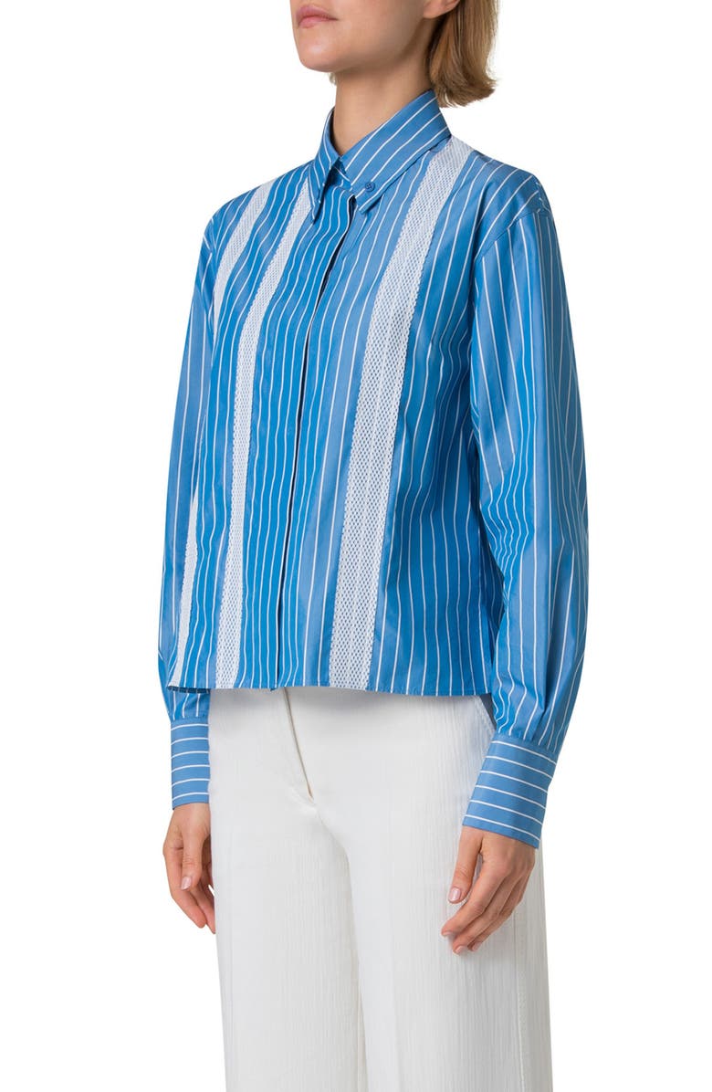 Akris punto Pajama Stripe Long Sleeve Button-Down Shirt, Alternate, color, Medium Blue-Cream
