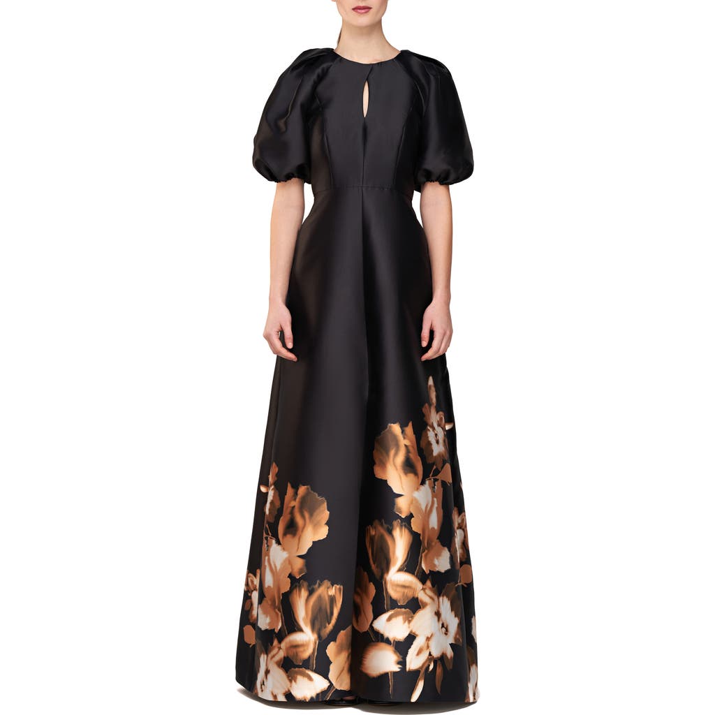 Kay Unger Delfina Puff Sleeve Mikado Gown in Black/Fall Gold