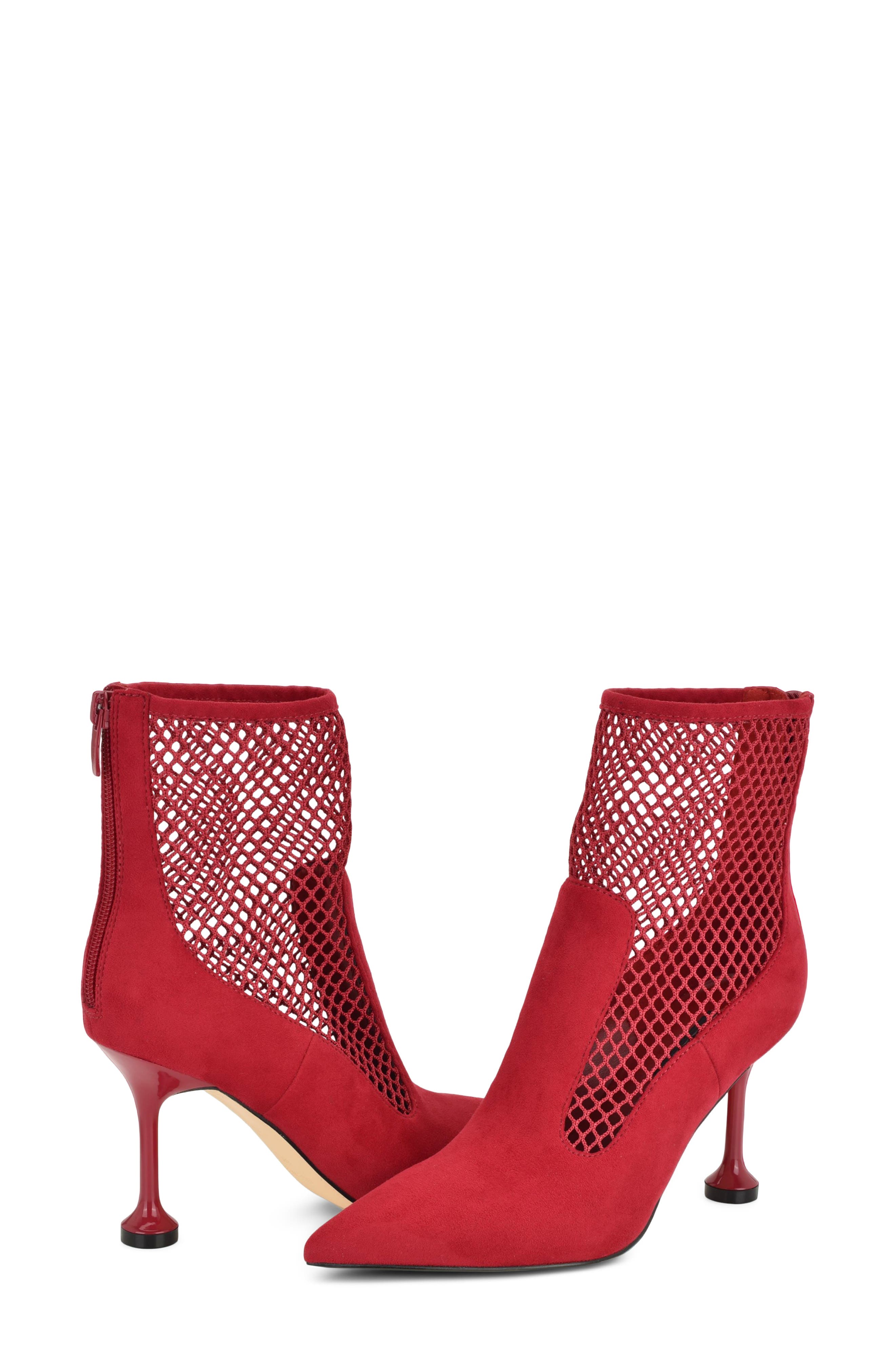 Goane Fishnet Pointed Toe Ankle Bootie, Alternate, color, MED RED