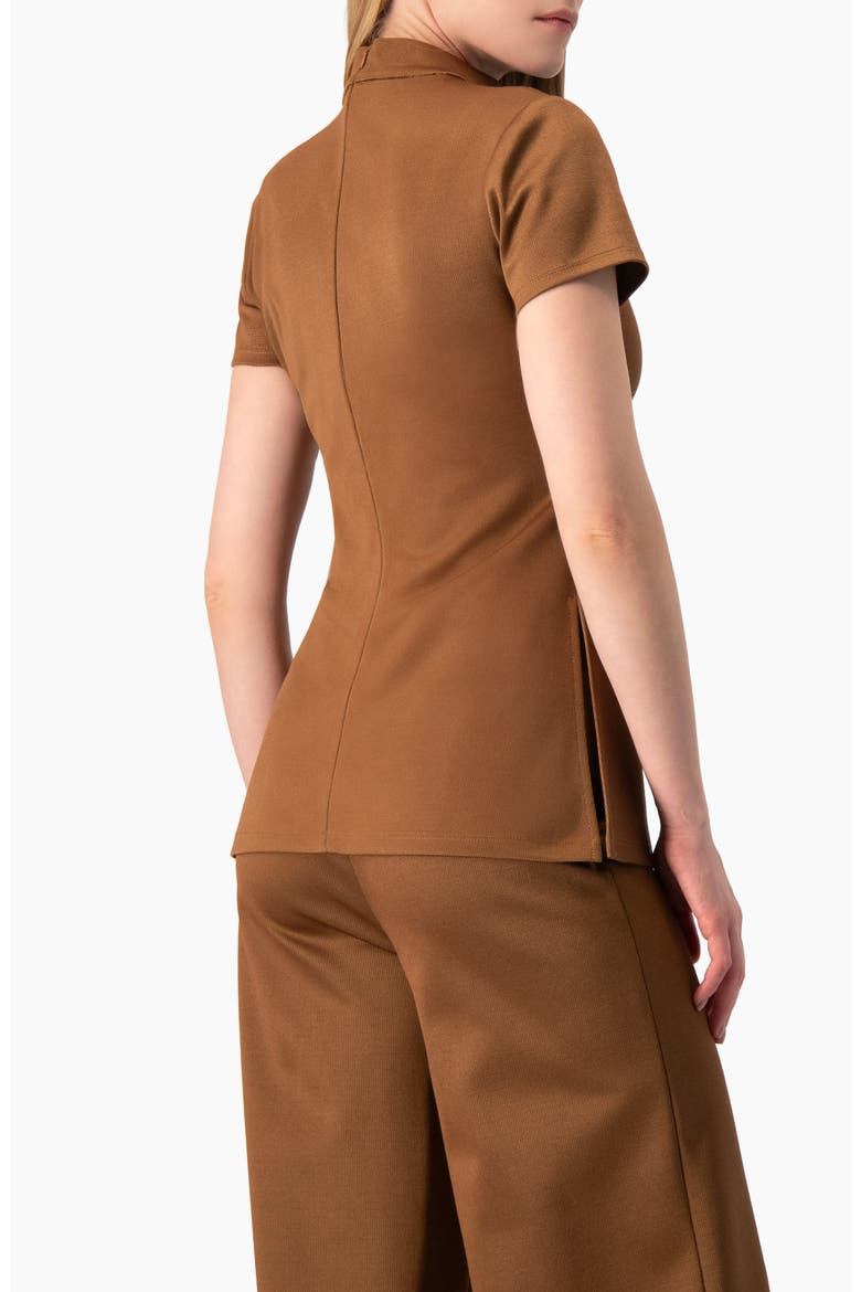 Side-Slit High-Neck Short Sleeve Blouse, Alternate, color, Camel