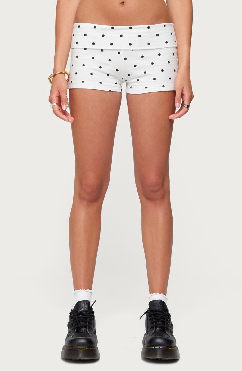 EDIKTED Chelsie Polka Dot Foldover Shorts, Main, color, White