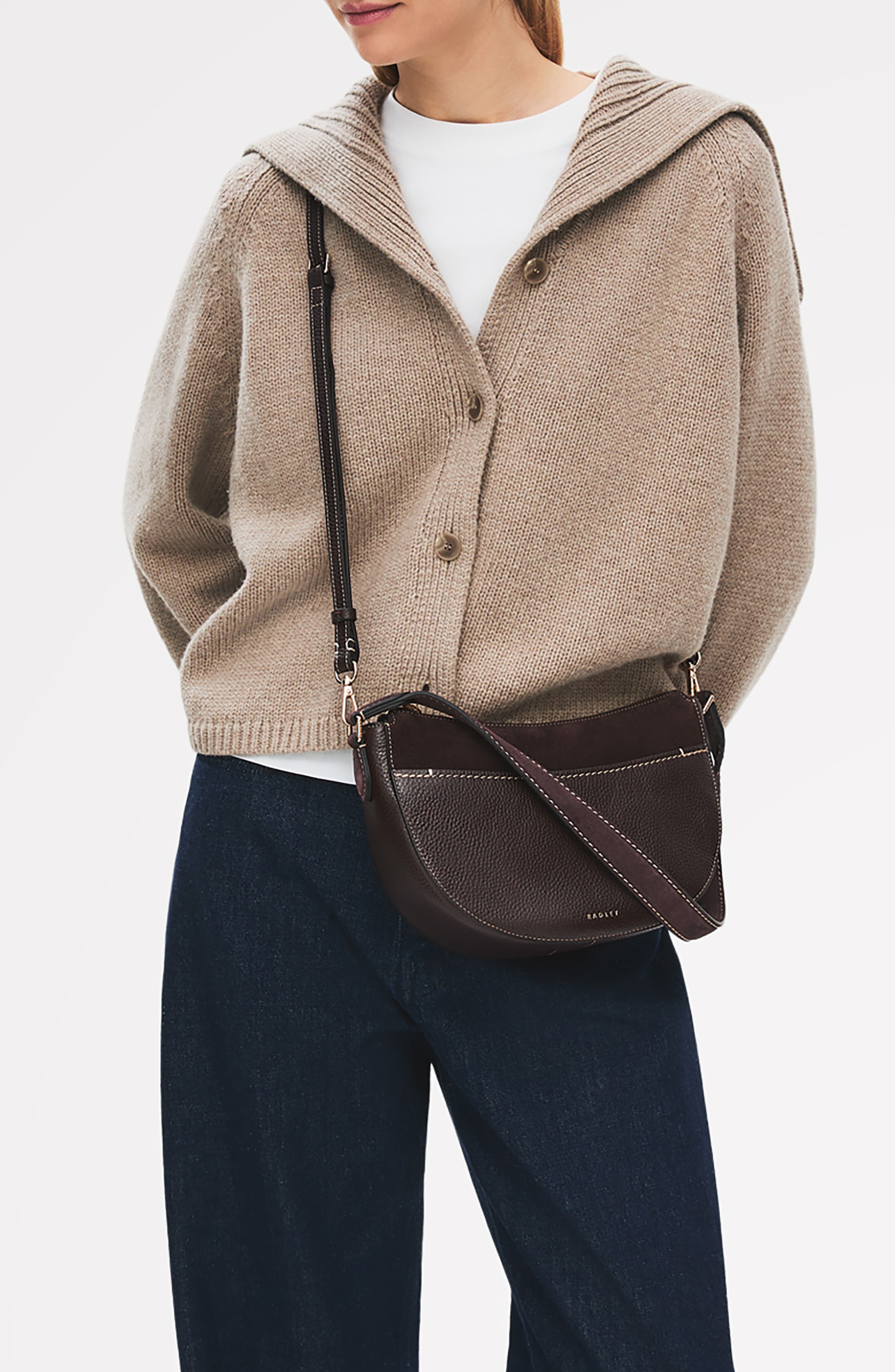 Radley Portland Way Small Zip Top Leather Shoulder Bag, Alternate, color, Dark Oak