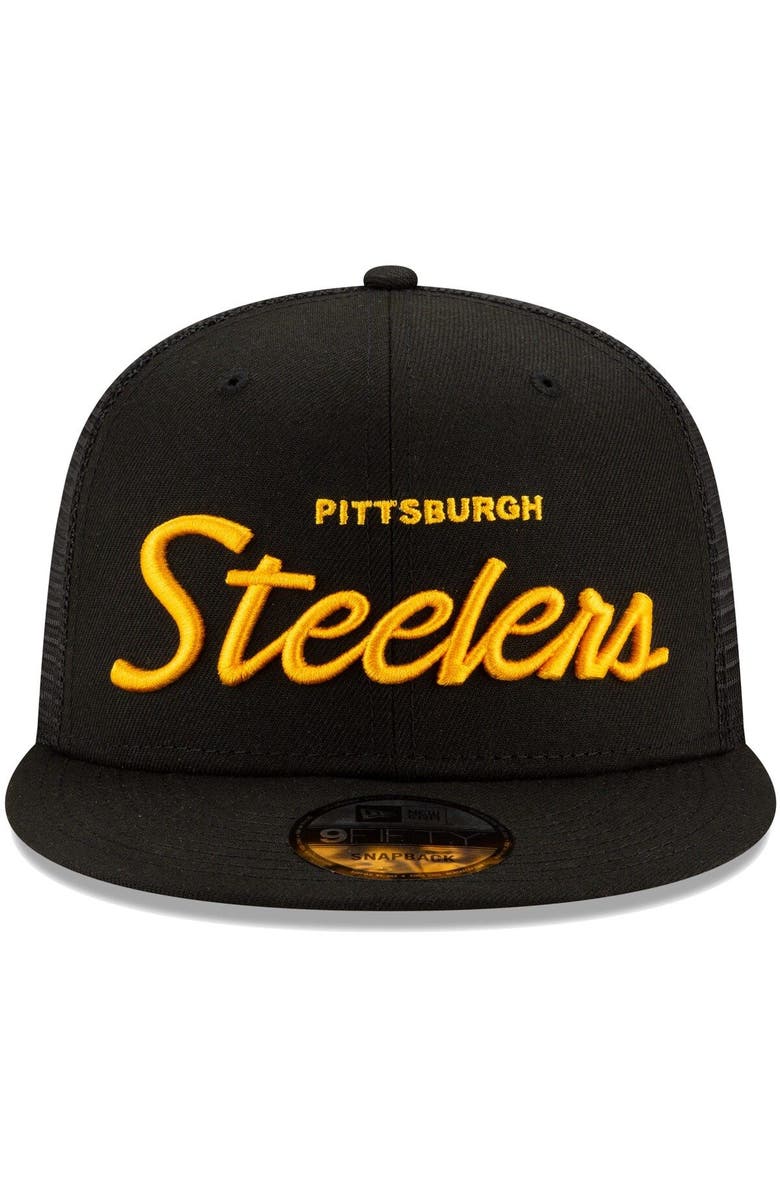 New Era Men's New Era Black Pittsburgh Steelers Script Trucker 9FIFTY Snapback Hat, Alternate, color, 